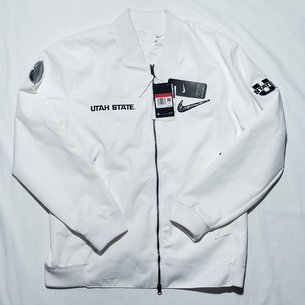NIKE UTAH STATE AGGIES BOMBER JACKET WHITE BLACK LARGE NEW
